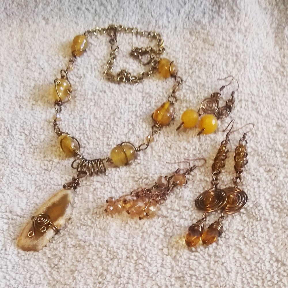 Handcrafted Yellow Agate + Wire Art Statement Earrings - Picture 4 of 10